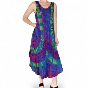 Vintage Advance Apparels Blue Purple Tie Dye Hippie Festival Midi Dress